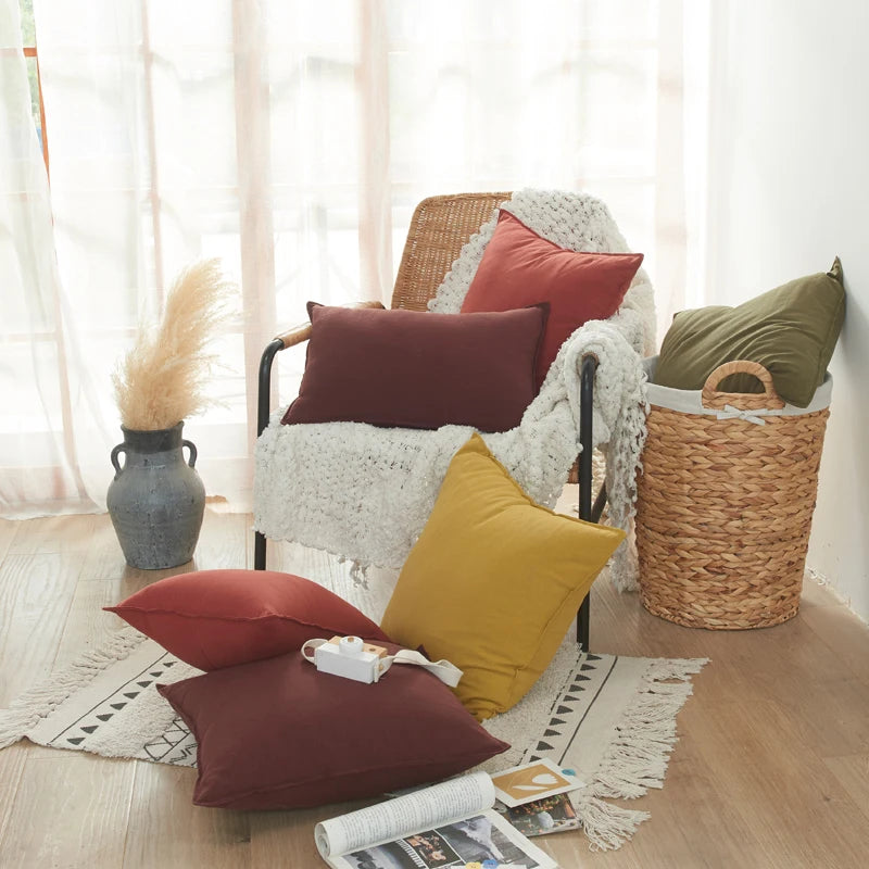 High end new comfortable washed pure cotton solid color pressed edge pillow cover living room sofa cover