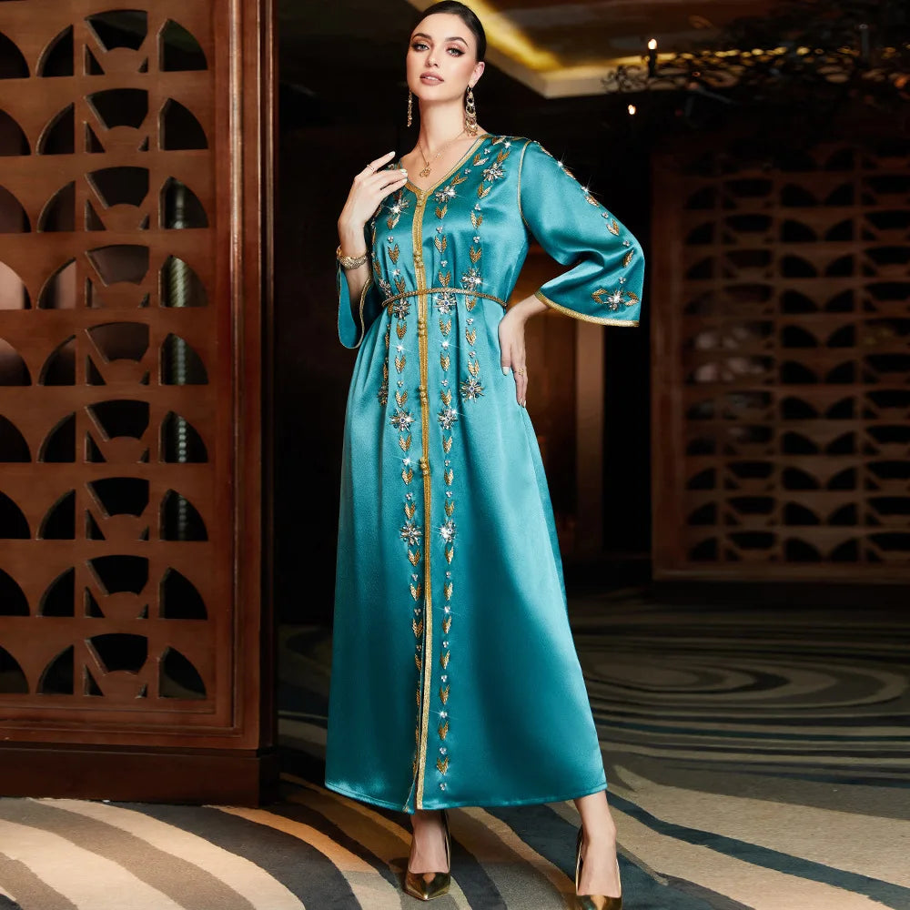 Luxury Style Blue Color Front Zipper Rhinestone Decoration Turkish Muslim Women Abaya