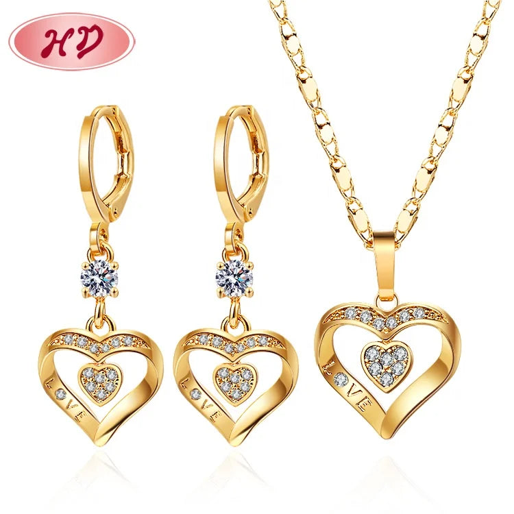 Bulk Jewellery for Sale 18k Gold Electroplated Heart Drop Earrings & Necklaces Jewelry Set American Trending Jewelry Sets