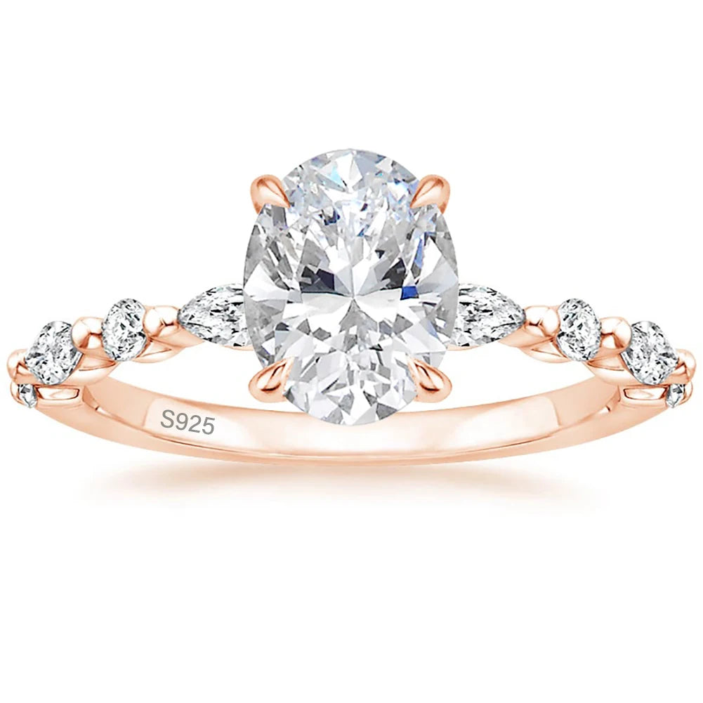 OLAN Rose Gold 925 Sterling Silver Ring Oval Cut Cubic Zirconia Engagement Rings Solitaire Halo Women Jewelry