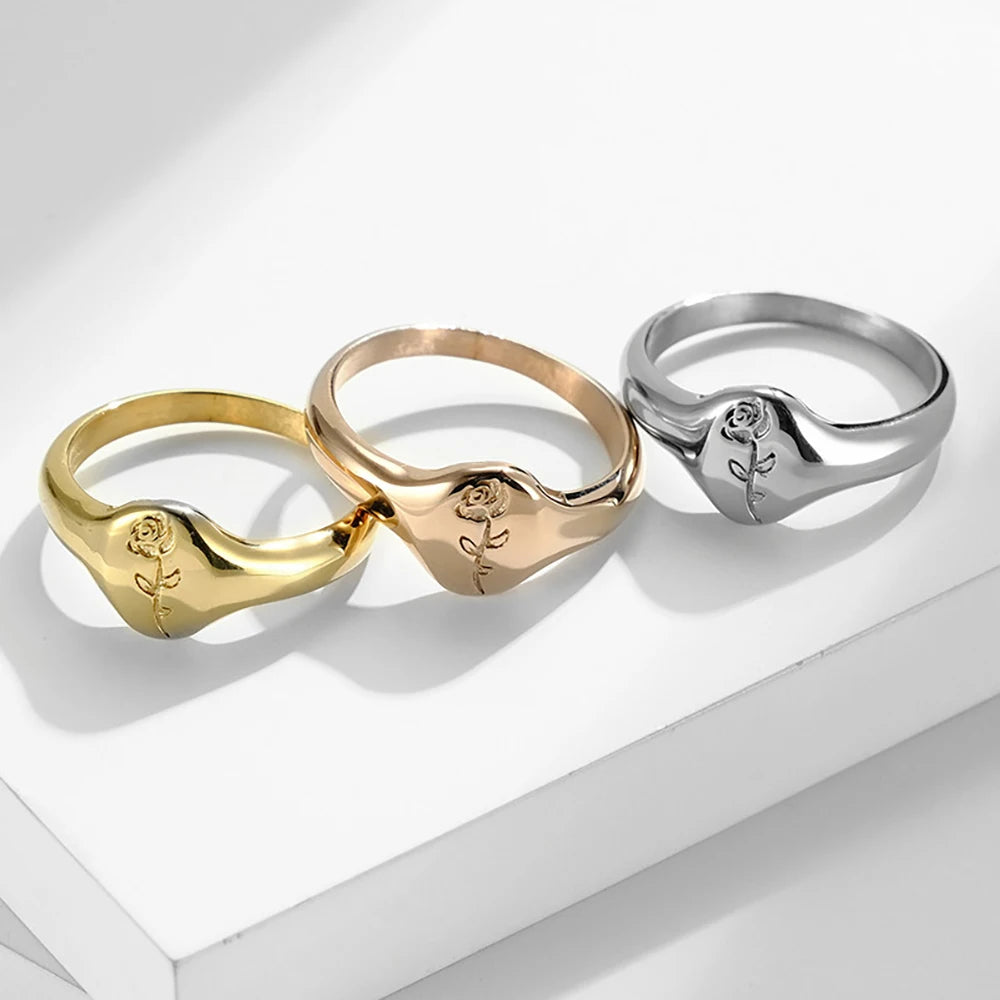 INS Rose Flower Women's Rings Stainless Steel Tail Ring for Woman Sister Party Anniversary Jewelry