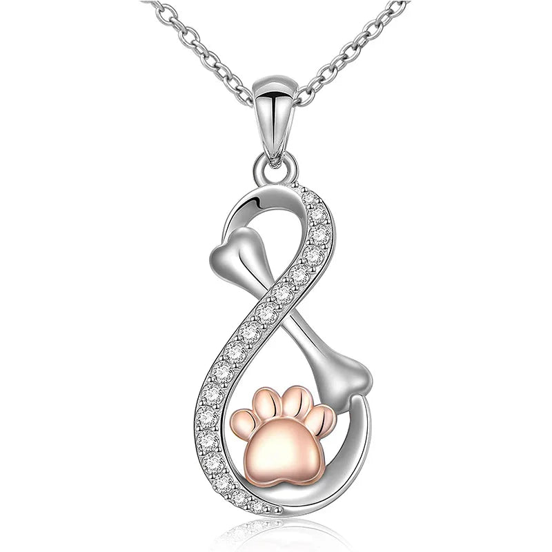 Fine Jewelry 925 Silver Sterling Zircon Infinite Bone Dog Paw Pendant Necklace for Women