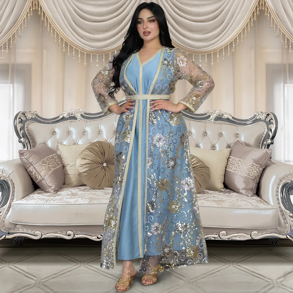 Middle East Arab Muslim Set Dress Spring New Sequin High Waisted Two-Pieces Set Woven Ribbon Robe Arab Women Abayas