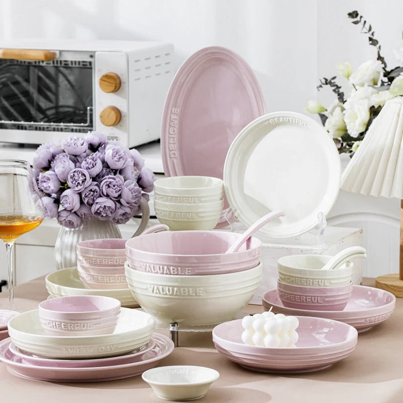 Creative White Ceramic Bowl Set Ceramic Plates Sets Dinnerware Tableware Household  Embossed Ceramic Plates Simple Bowl Cutlery