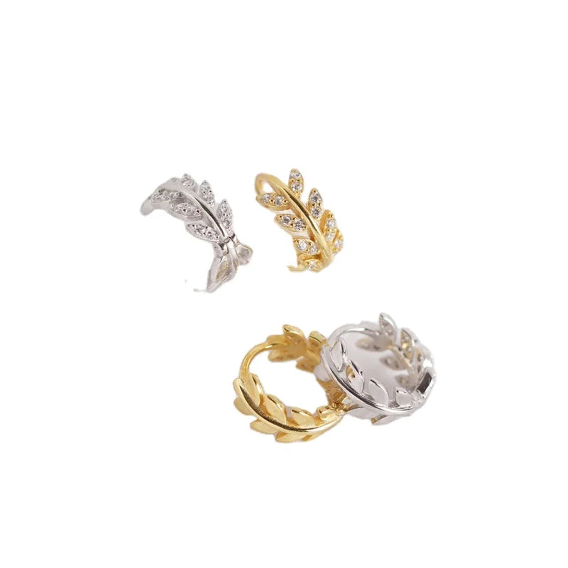 Duyizhao S925 Sterling Silver Ins Style Olive Leaf Diamond Charm Temperament Leaf Earring Jewelry for Women