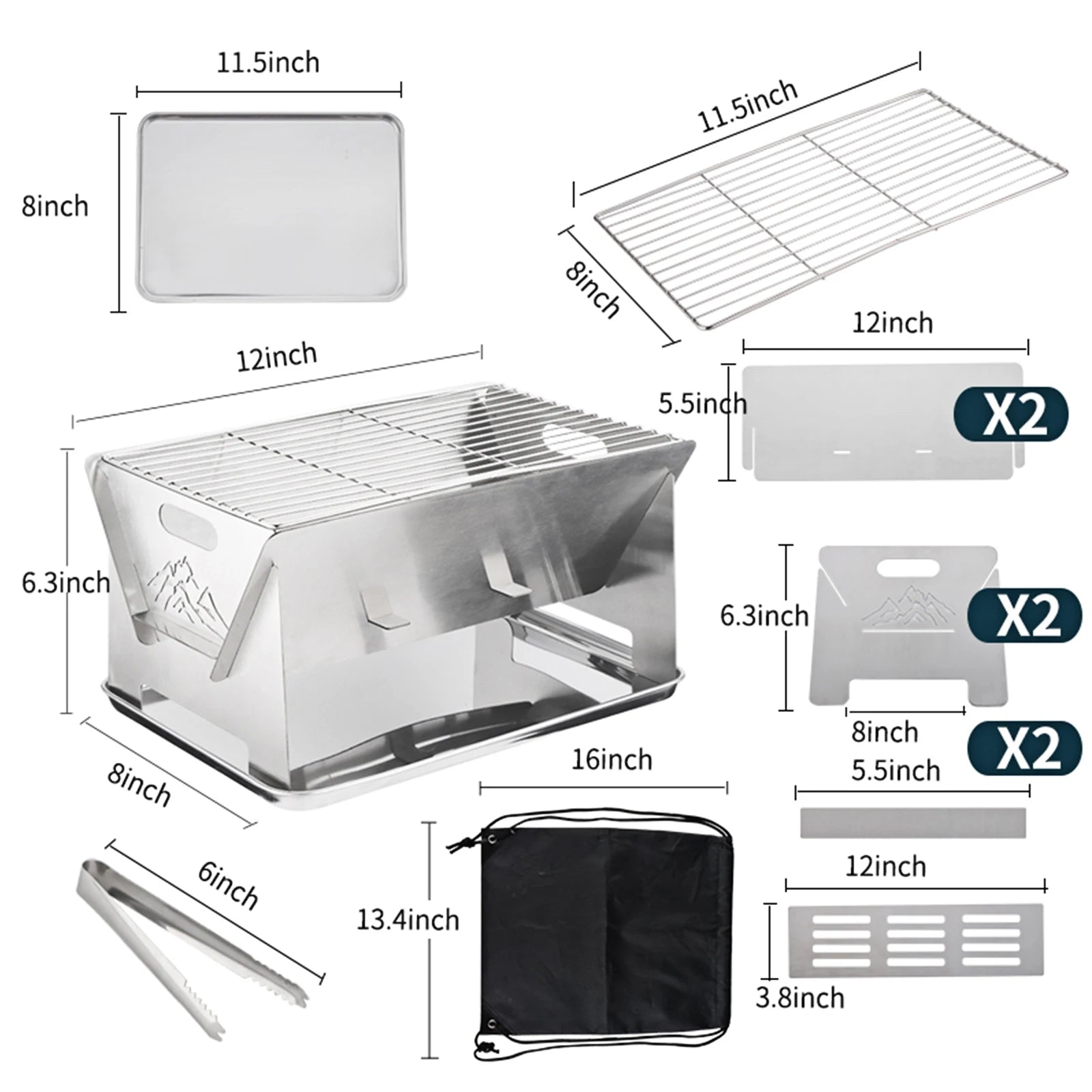 Portable Charcoal Grill Combination Barbecue Grill Camping Accessories Set with Storage Bag and Stainless Steel Food Tongs