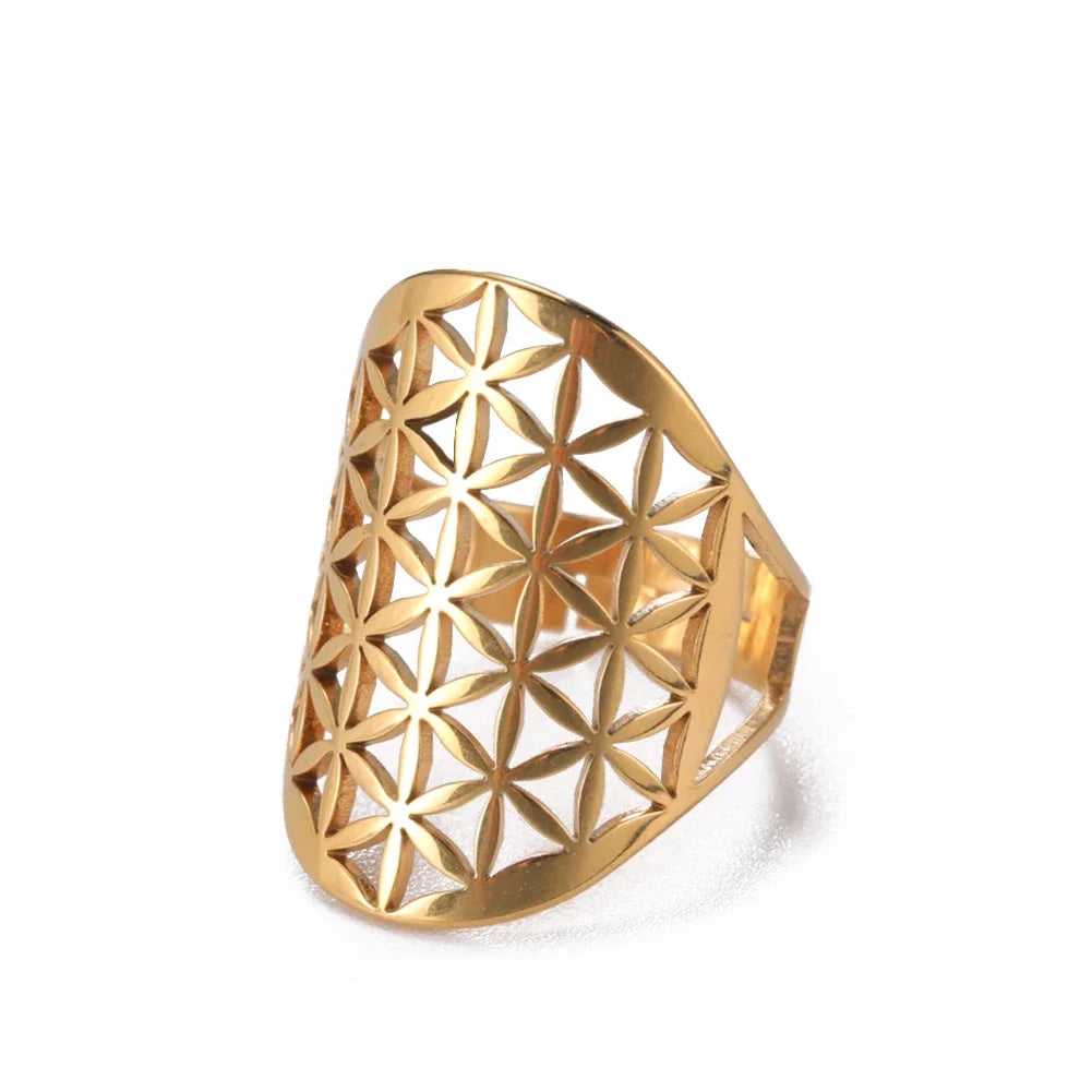 Flower Open Rings for Women Vintage Geometry Adjustable Stainless Steel Couple Finger Rings Amulet Jewelry