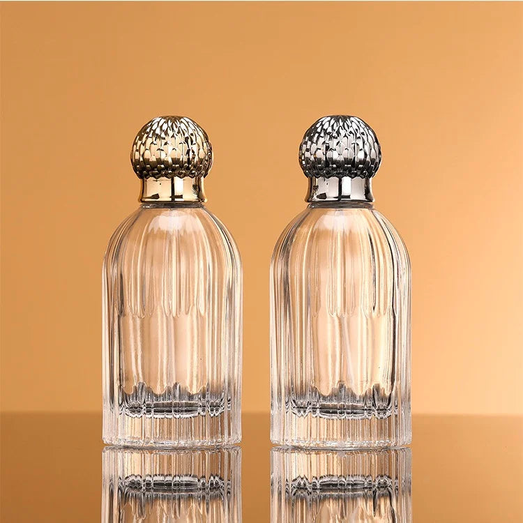 New Design 100ml Cylinder Glass Bottle Crimp Pressurized Atomizer Glass Perfume Bottle with High End  Metal Cap