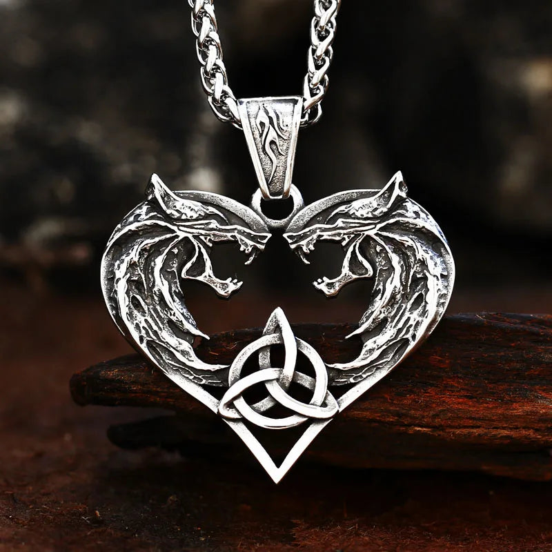 Ss8-596p Double Wolves Heads Animal Pendant Heart Amulet Viking Guardian Choker Jewelry Stainless Steel Necklace Men
