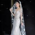 New French Pineapple Flower Lace Veil Luxury Flash Drill Extra Long Tail Soft Veil Bridal Super Fairy White Vintage Pearl Veil