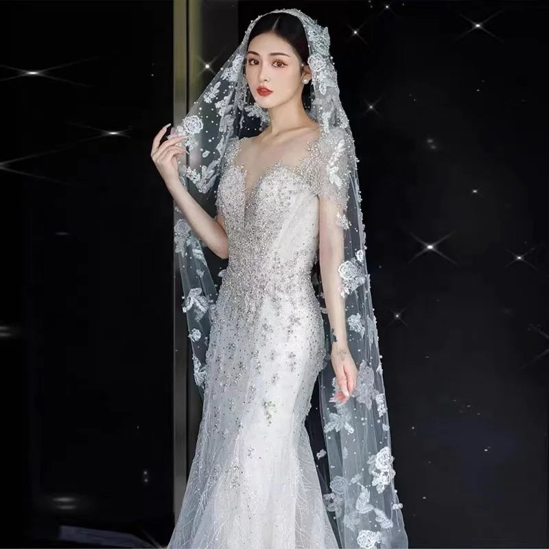 New French Pineapple Flower Lace Veil Luxury Flash Drill Extra Long Tail Soft Veil Bridal Super Fairy White Vintage Pearl Veil