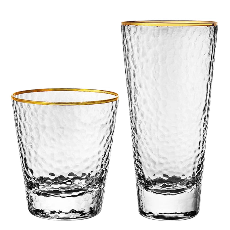 Hot Sale Transparent Glass Water Cup Hammer Pattern Creative Hand Drawn Highball Glass Juice Glasses with Gold Rim