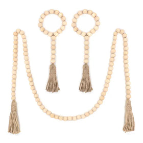 Factory Whosale Rustic Wooded Beaded Decor Natural Materials Rustic Decor Wooden Bead Garland With Hemp Tassel