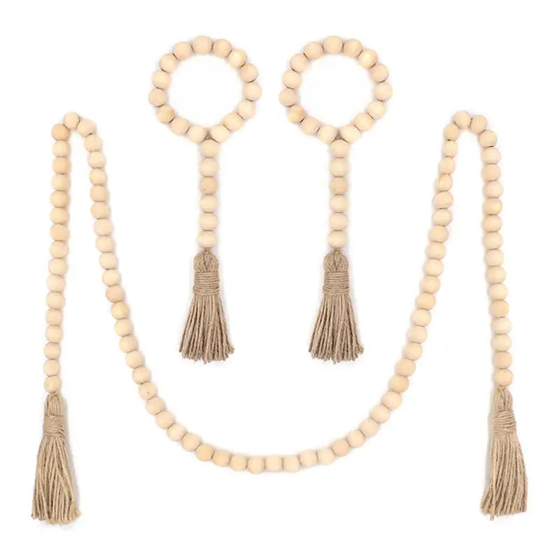 Factory Whosale Rustic Wooded Beaded Decor Natural Materials Rustic Decor Wooden Bead Garland With Hemp Tassel