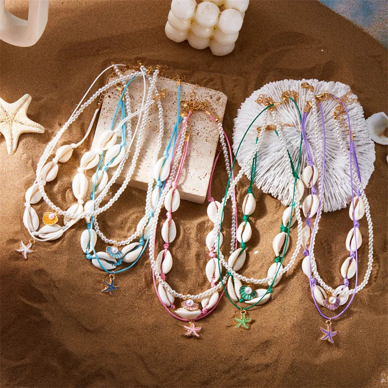 European and American  Sea Star Shell Conch Pearl Necklace Fashion Summer Ocean Vacation Multi Layer Stacked Necklace