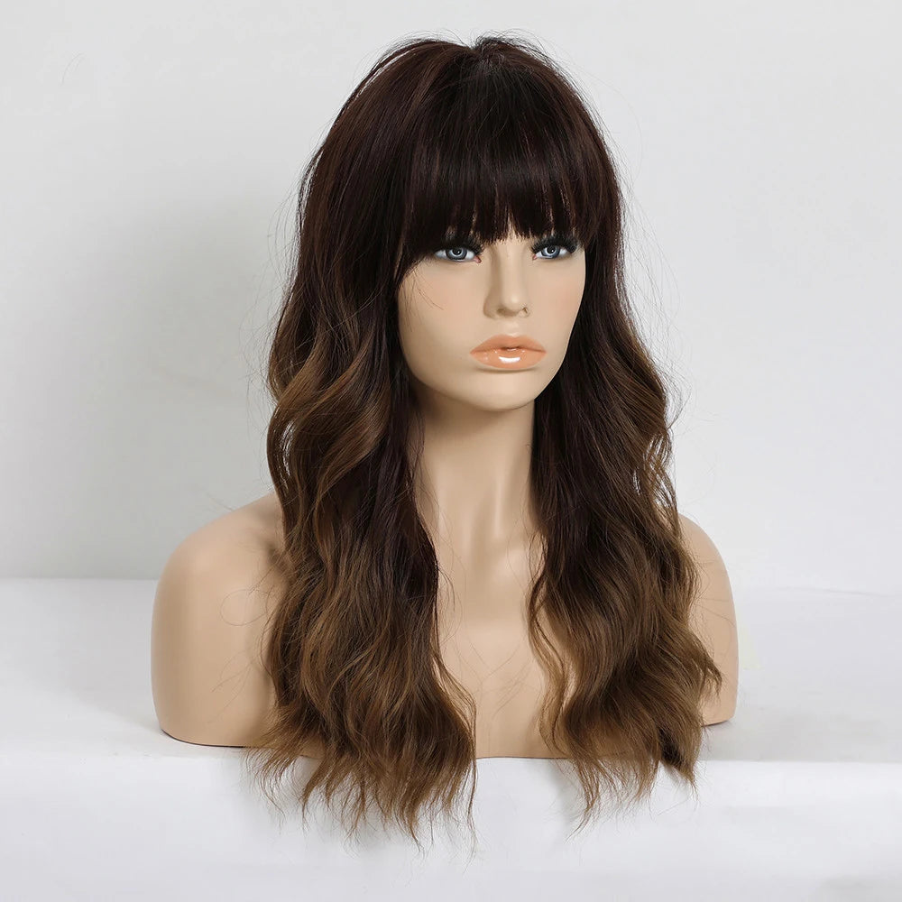 Synthetic Wig Long Natural Wave Dark Brown Ombre Blonde Wigs with Bangs for Women