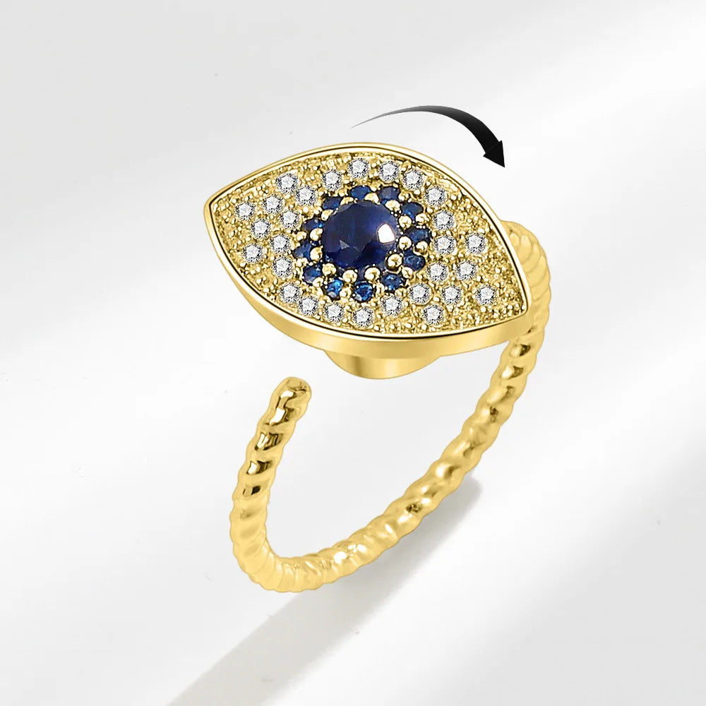 Demon Eye Rotating Ring for Women Adjustable Cubic Zircon Blue Eye Designed Anti Stress Anxiety Fidget Spinner Rings