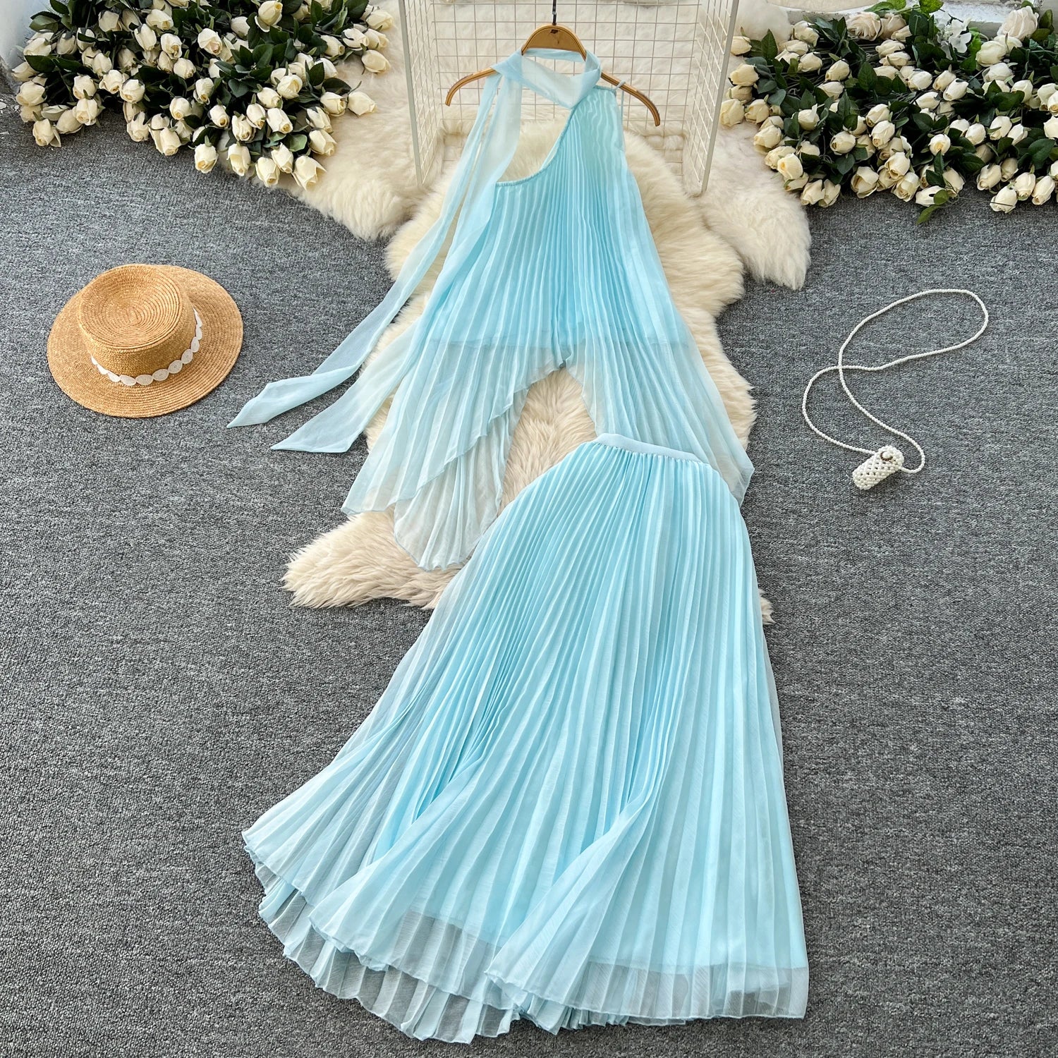 Fairy Vacation Set 2025 New French Gentle Wind Hanging Neck Irregular Top  High Waist Skirt