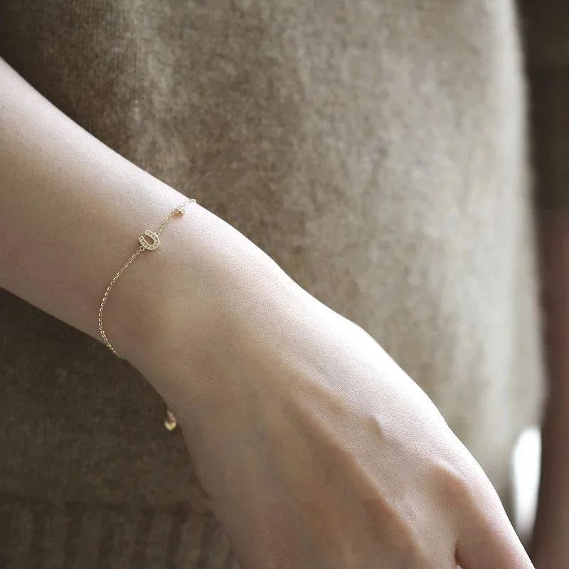 Delicate INS 14K Gold Plated Pure 925 Sterling Silver Thin Chain Zircon Letter U Shaped Charm Bracelets for Women Girls Jewelry