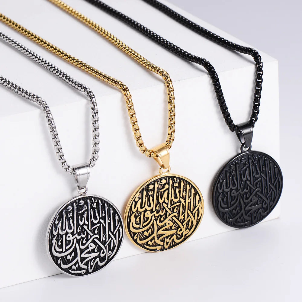 Retro Anti Oxidation No Fade Stainless Steel Gold Plated Arabic Names Round Pendant Necklace for Men Women
