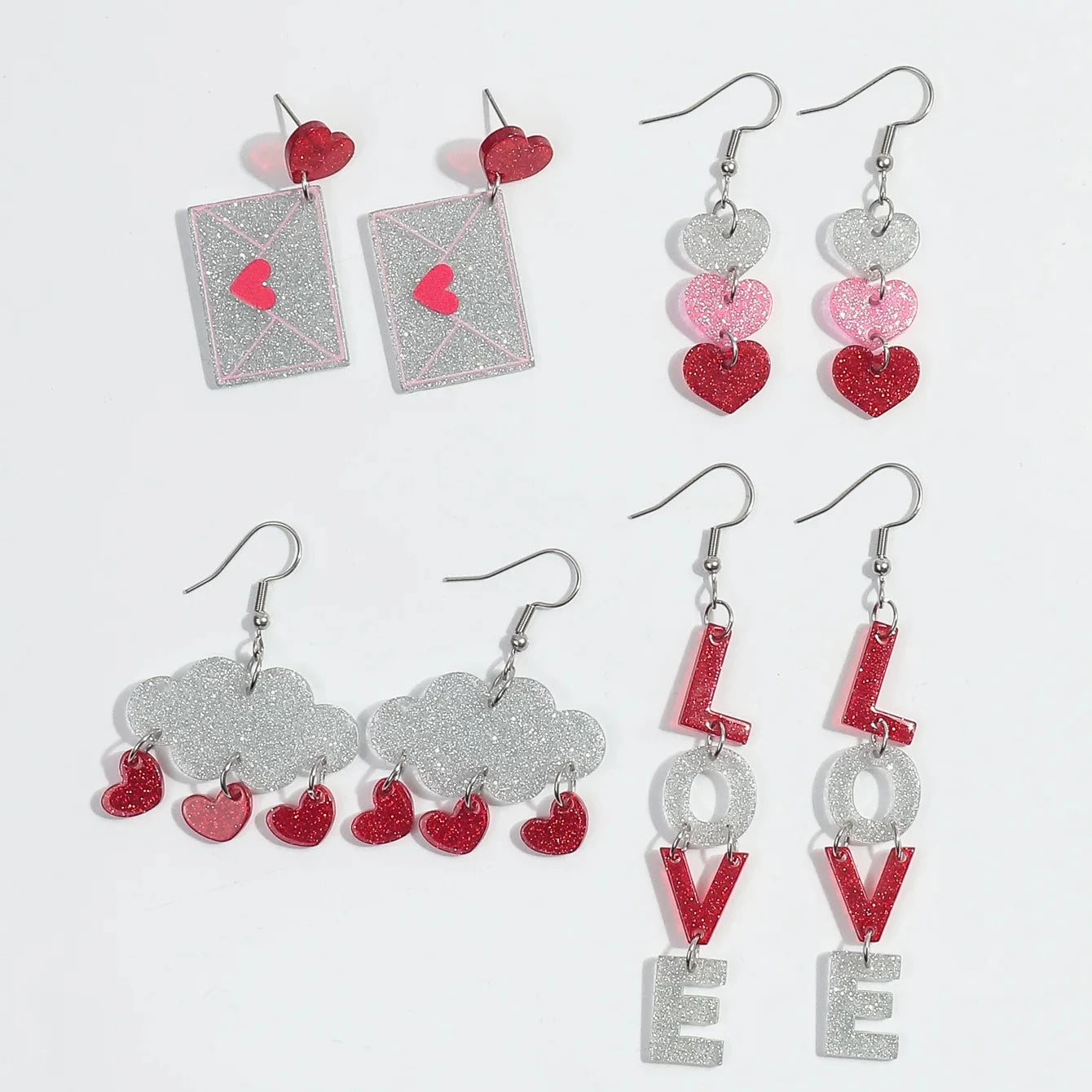 Wholesale New Bling Silver Glitter Romantic Heart Tassel Love Letter Weather Acrylic Dangling Earrings for Valentine's Day Gifts