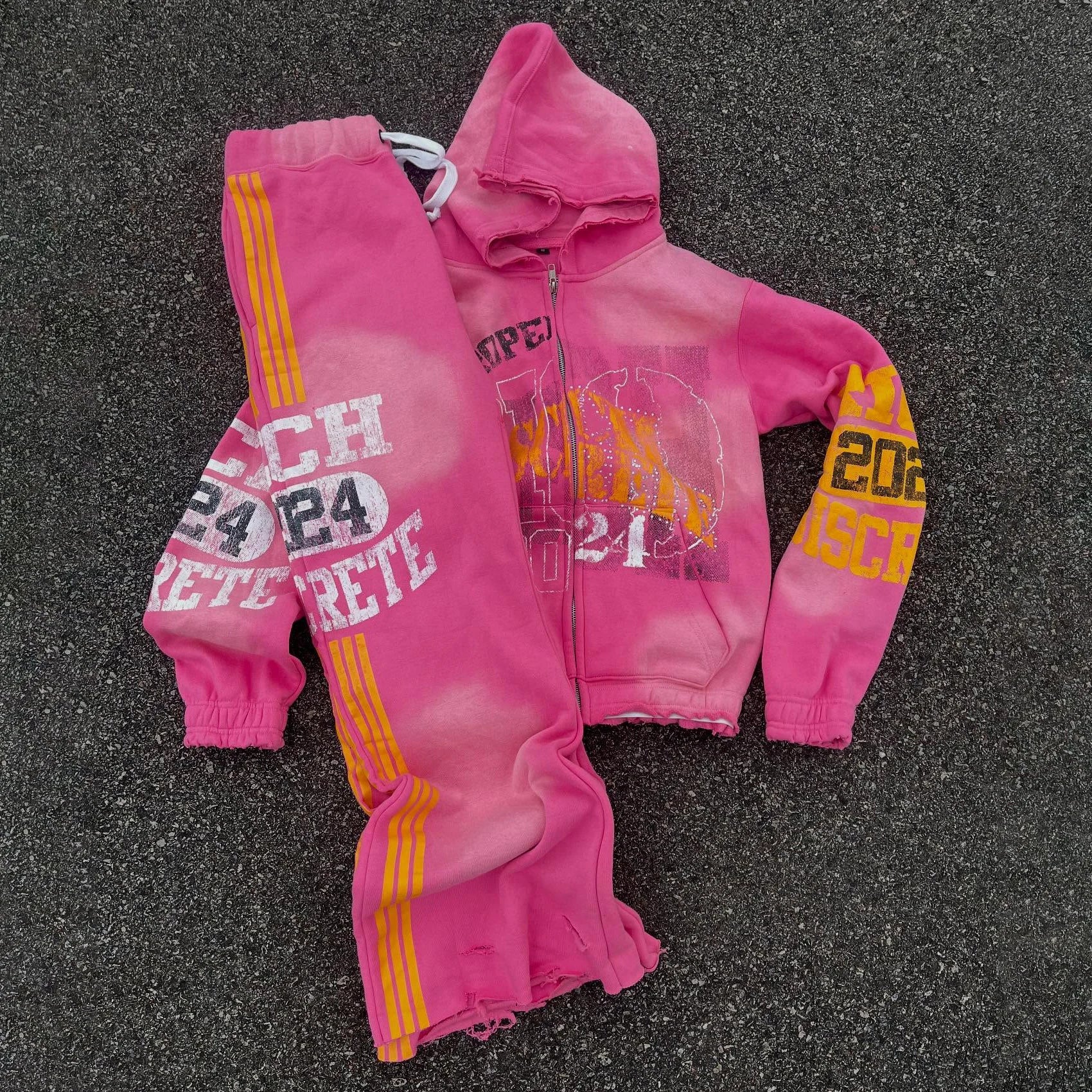 US Free Tax Custom Streetwear Men Sweat Suits Heavyweight Distress Vintage Printed Acid Wash Tracksuit Jogger Suits