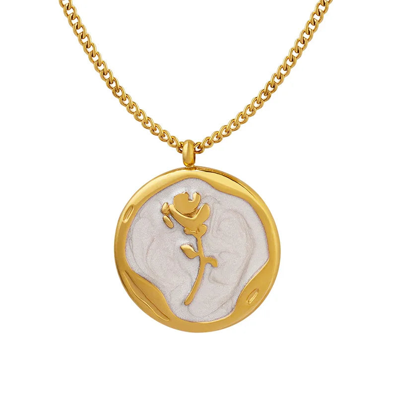 Women Fashion Stainless Steel 18k Gold Plated Chain White Rose Flower Round Pendant Necklace Jewelry Necklaces