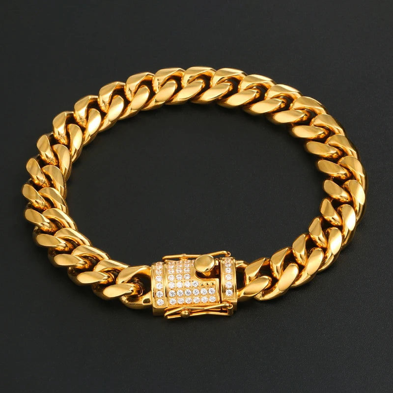Hip Hop Jewelry Waterproof 12mm PVD Plated Gold Color Stainless Steel Zircon Iced Out Cuban Bracelet for Men