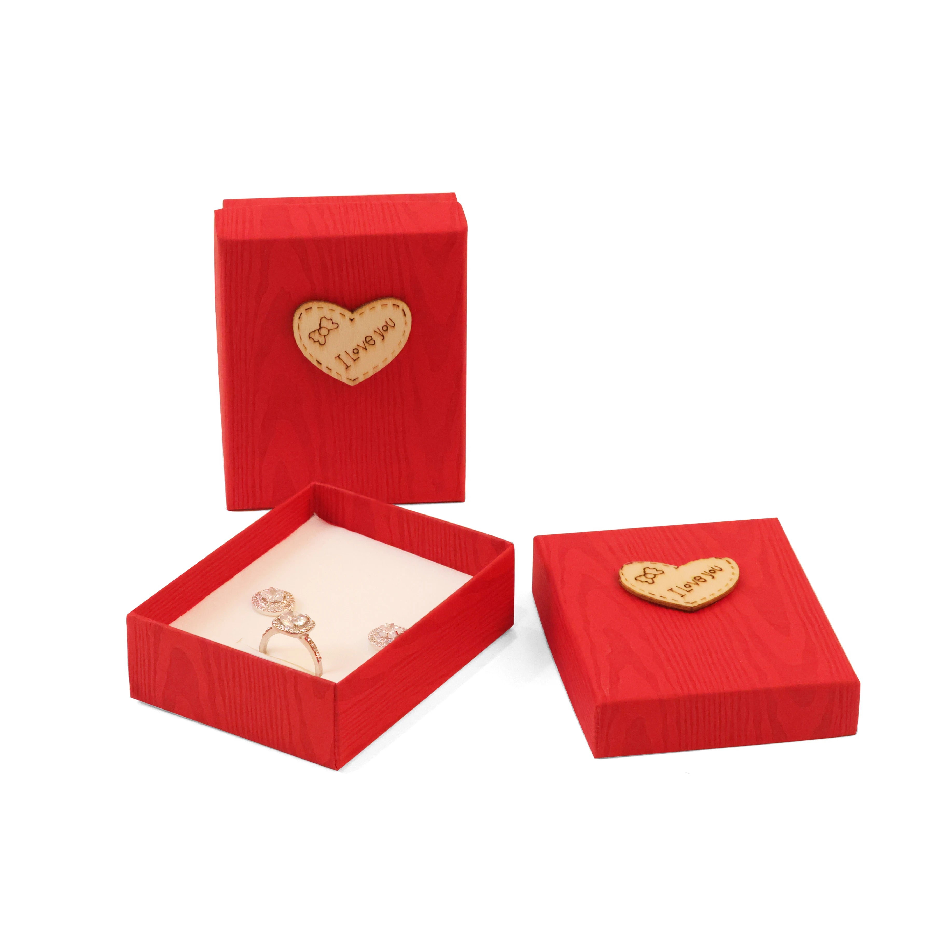 Special Design Wood Grain Pattern Necklace Ring Earring Jewelry Box With Cute Heart Ornament