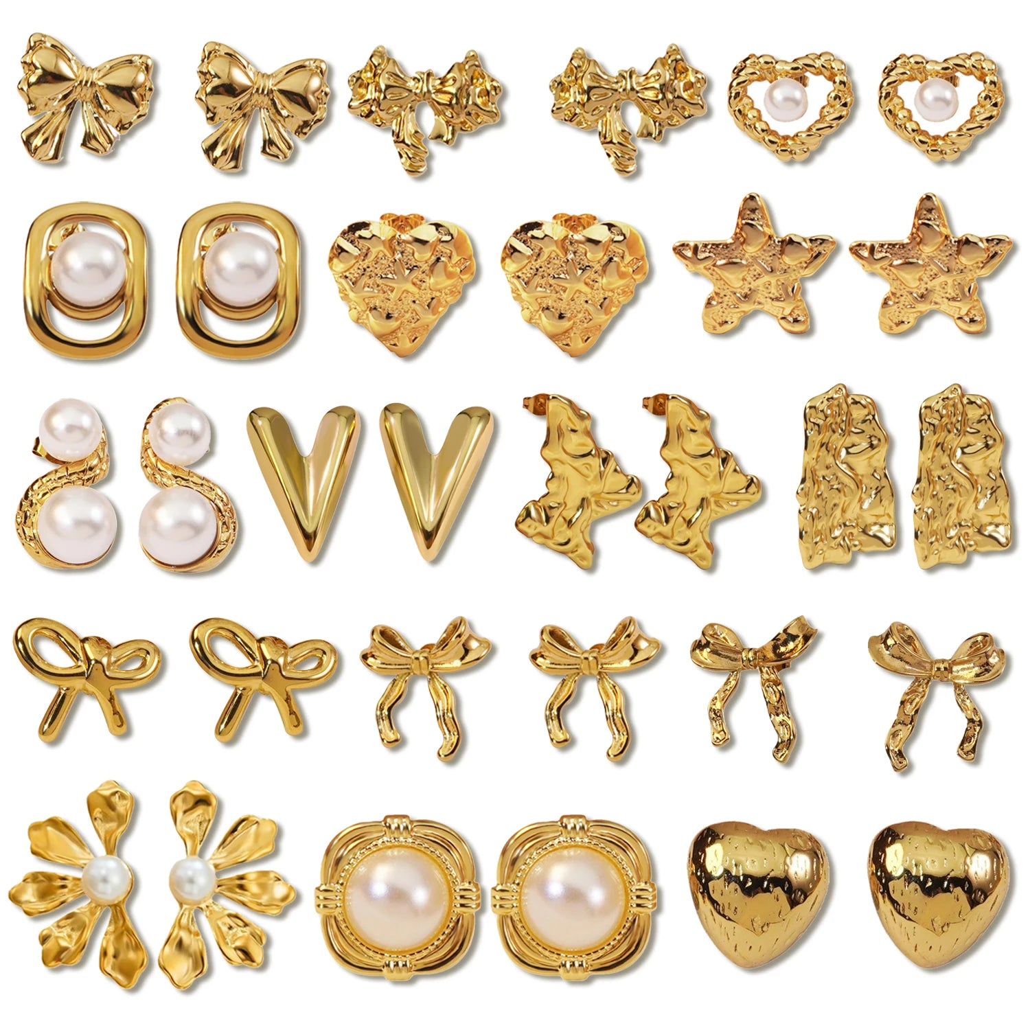 HOVANCI Fashion Jewelry Stud Earrings Bulk Hypoallergenic Stainless Steel  PVD 18k Gold Plated Heart Star Bow Earrings Sets