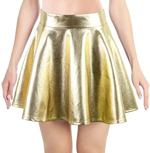 Women Latex Liquid Metallic Shiny Flare High Waisted Skating Mini Short Skirts