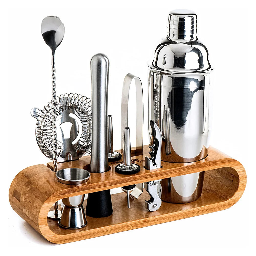 Complete Bar Tools Set Accessories Premium Cocktail Shaker Set With Bamboo Stand Stainless Steel Bartender Kit