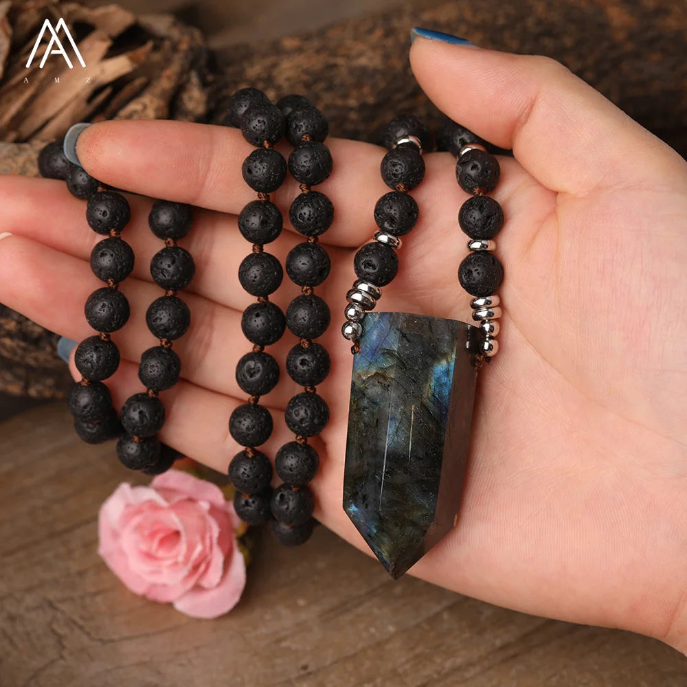 Labradorite Point Pendant Healing Necklace  Black Lava Round Beads Handmade Necklaces for Men