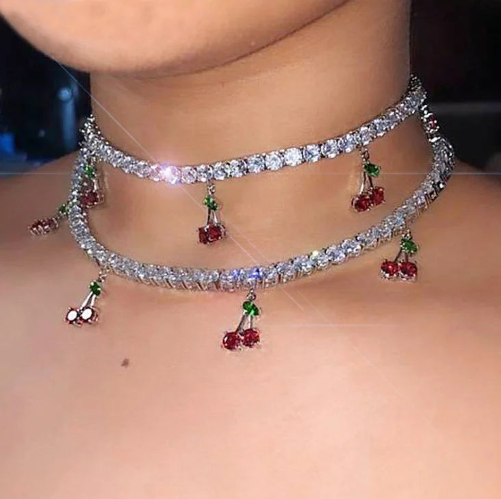 Isunni Iced Out Women Hip Hop Rhinestone Tennis Chain Cherry Choker Necklace