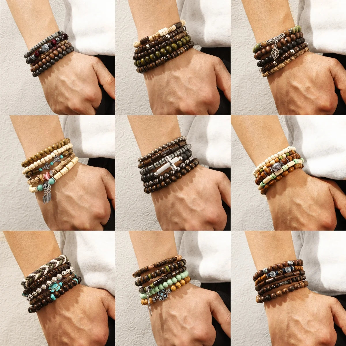 5 Pcs New Bohemian Vintage Colorful Handmade Wooden Bead Elastic Bracelet Bangle Set for Women Fashion Jewelry