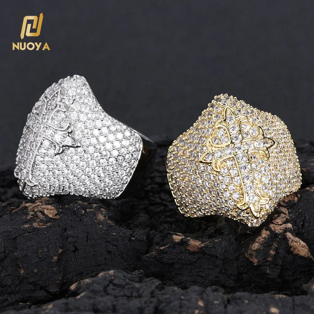 NUOYA New Design Iced Out Men Rings Hip Hop Jewelry Fully Iced Out Diamonds Silver Religious Cross Ring for Gift