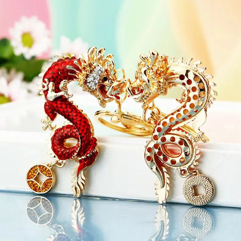 Chinese Style Zodiac Dragon Car Key Chain Metal Women's Bag Pendant Key Chain Ring Creative Diamond-encrusted Gift