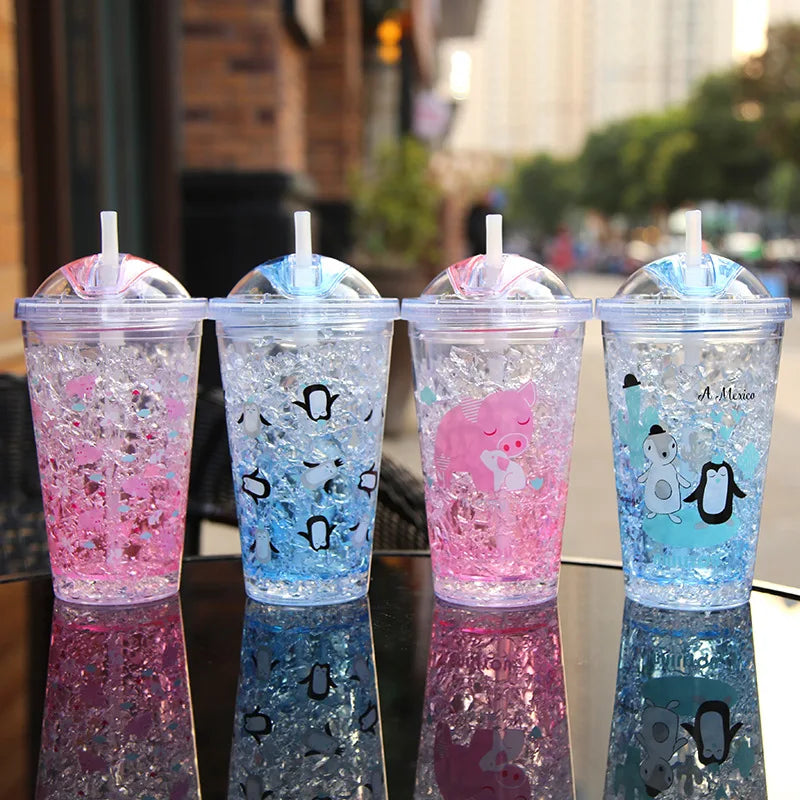 Zogifts Factory Direct Sales Korean Cartoon Summer Bulk Double Wall Tumbler Plastic Water With Straw Round Beverage Bottle