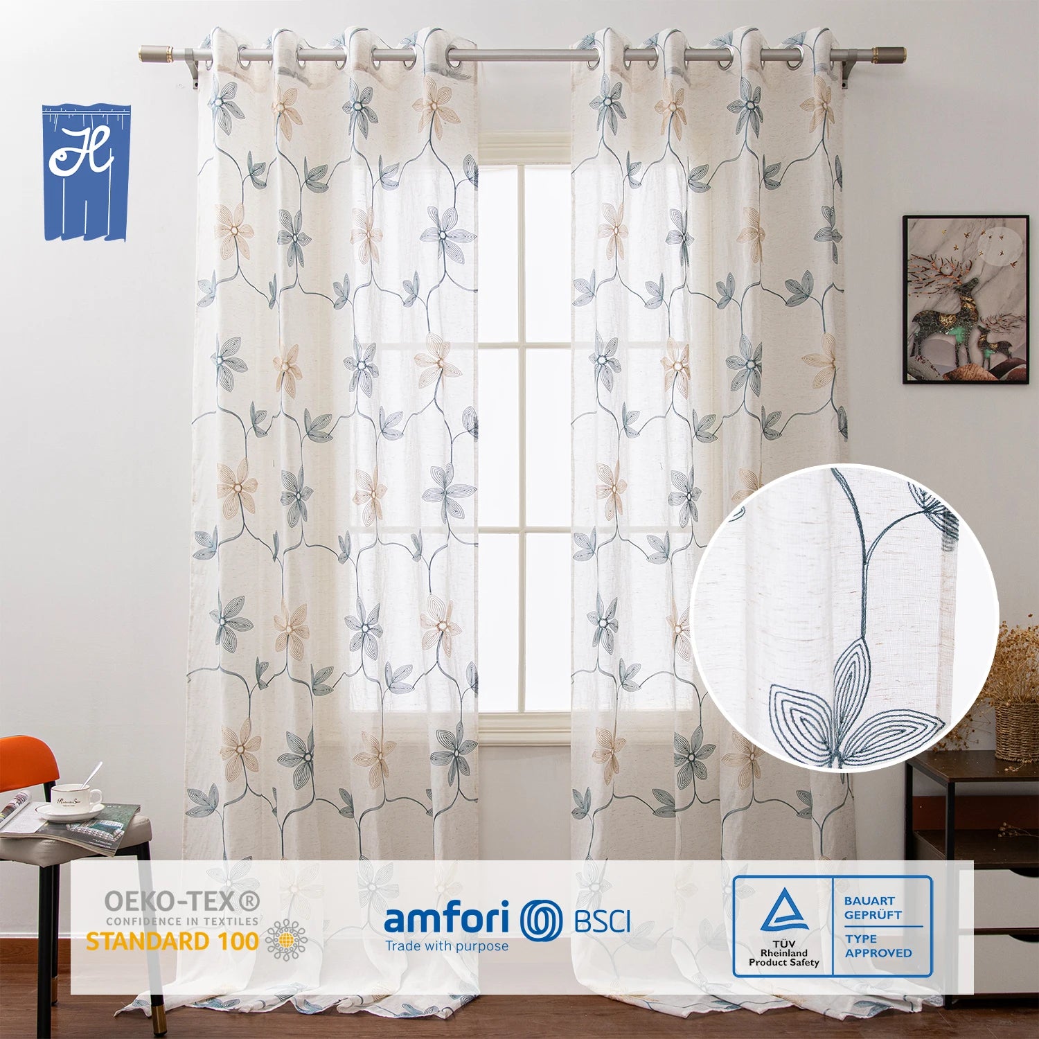 Custom Floral Embroidered Sheer Curtains Two-Color Design Tulle Drapes 100% Polyester Europe Style All-Season for Home Living