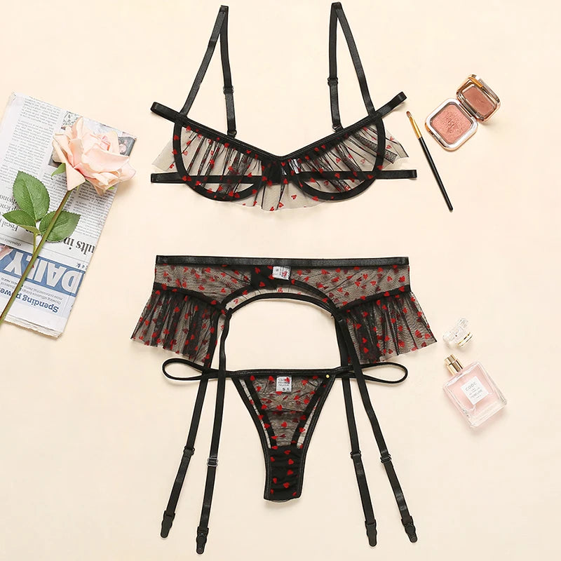 2022 Hot Transparent Sleepwear Mature Women Underwear Sexy Lingerie Set Lace 3 Piece Erotic Lingeries Bra Panties Sets