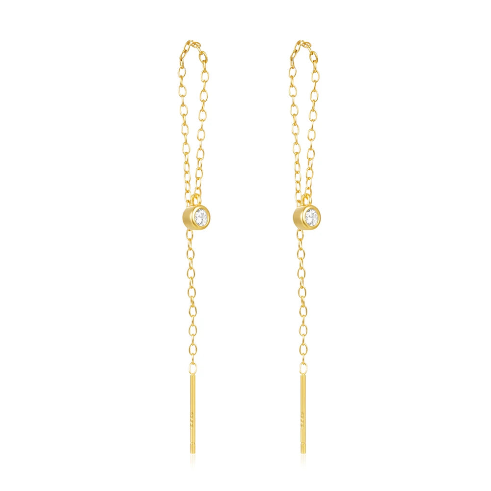 NEW Fashion Jewelry 925 Sterling Silver Long Tassel Chain Round Small Zircon Gold Plated Stud Earring Jewelry for Women