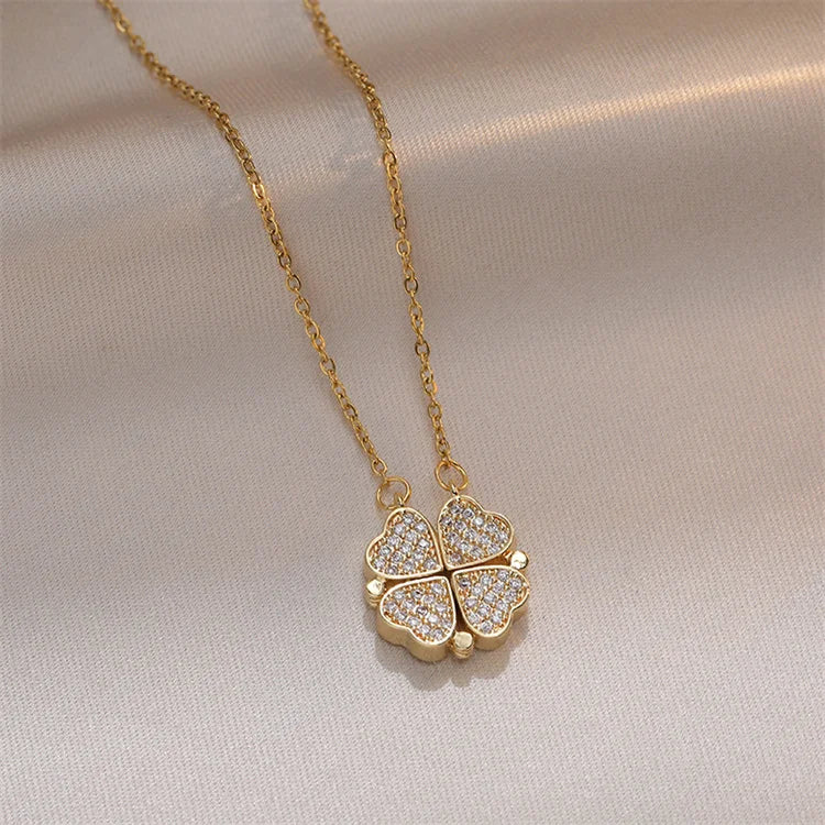 Wholesale Women Stainless Steel Fashion Jewelry Love Bling Design Zircon Four Leaf Clover Pendant Necklace