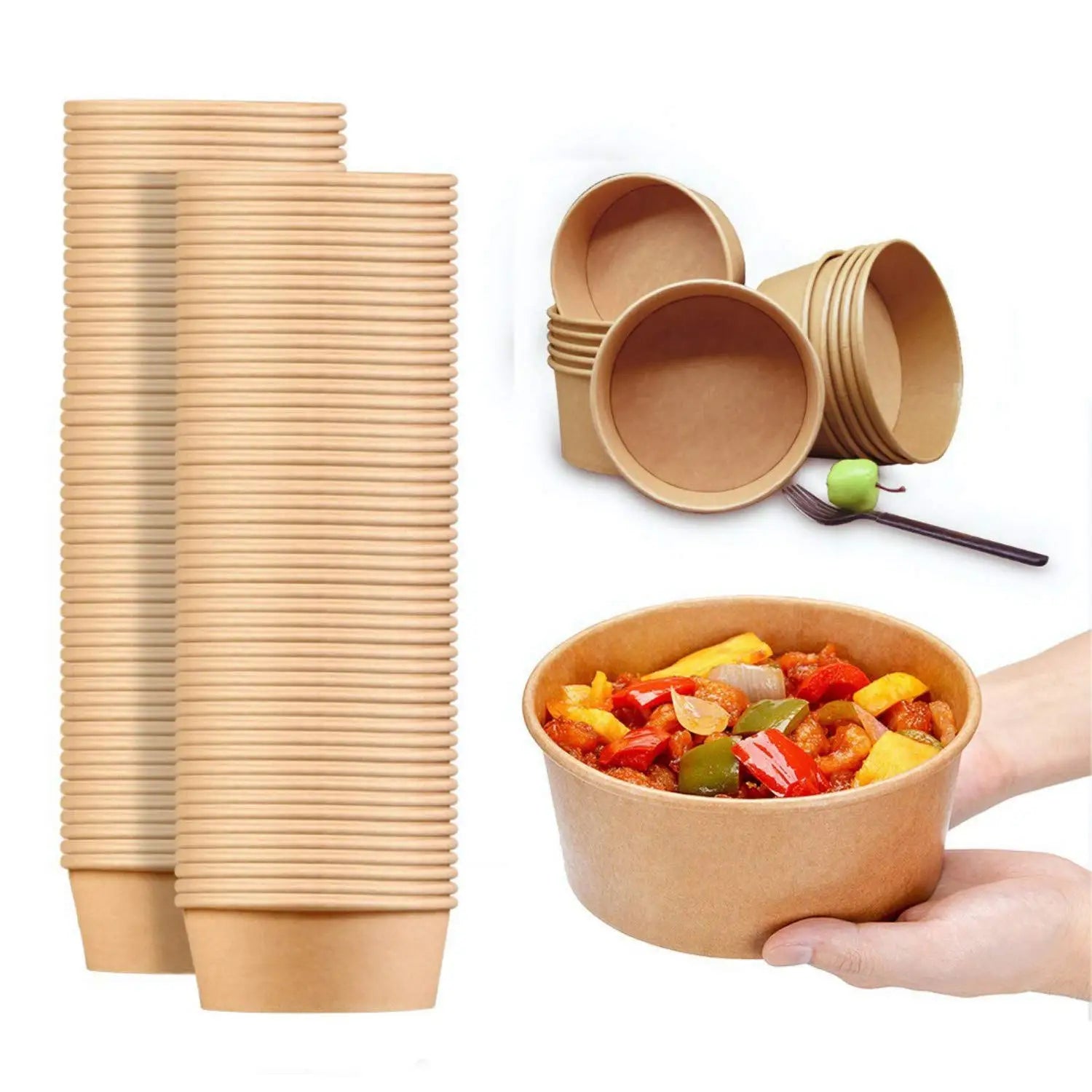 Ready Bulk Kraft Paper Bowl 1000ml Hot Food Take Out Packaging Disposable Octagonal Paper Bowl Round