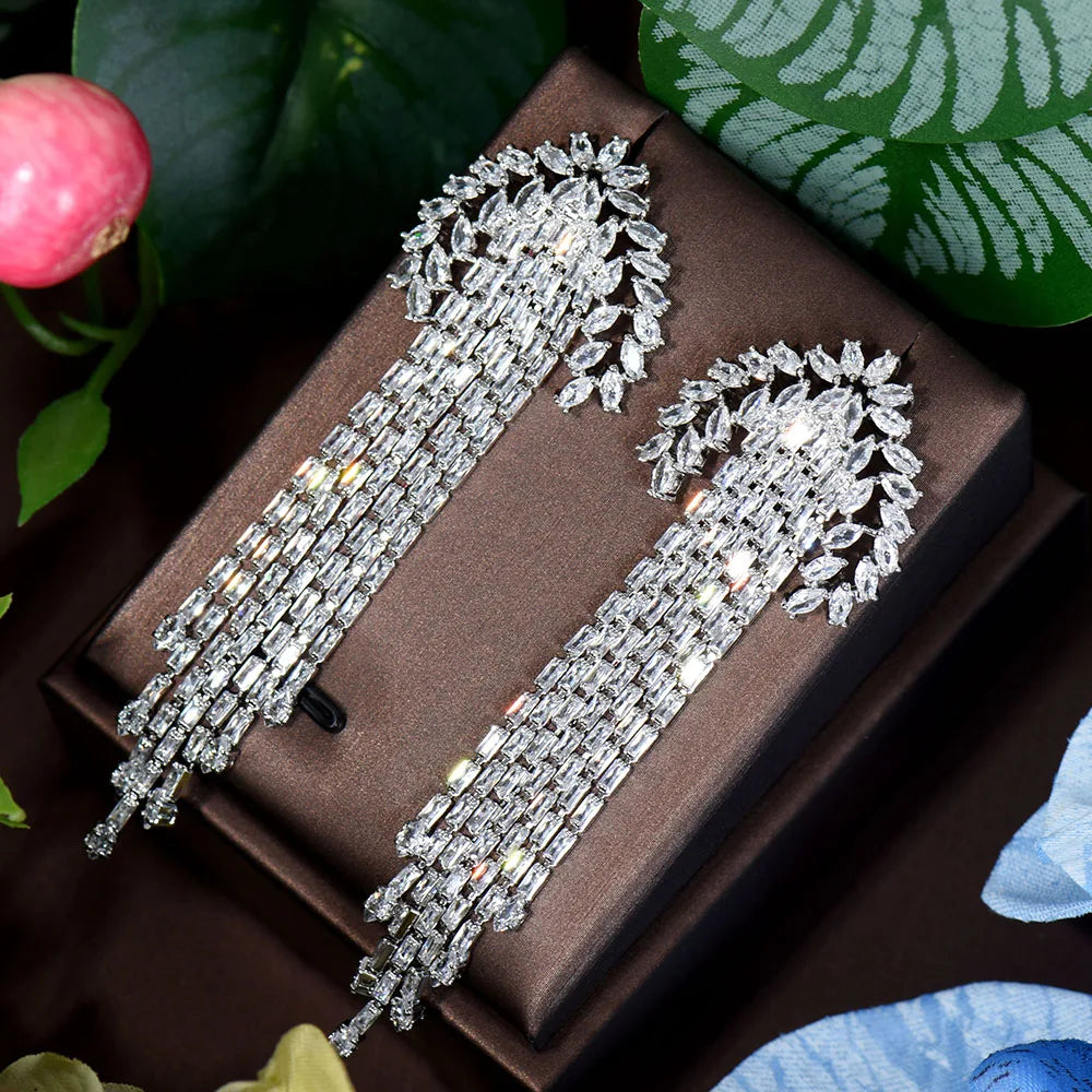 HIBRIDE Shiny Cubic Zirconia Long Baguette Tassel Drop Earrings for Women Bridal Wedding Jewelry Accessories Bijoux E-780