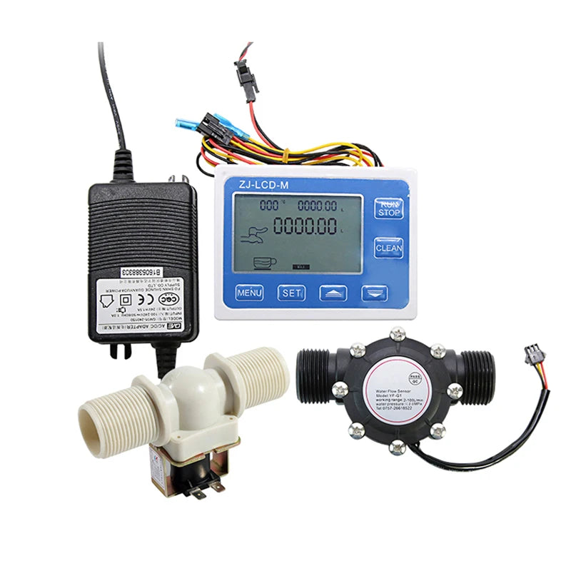 DN25 Digital LED Display Flow Quantitative Controller Instrument+1" Male Thread Plastic Flowmeter +1" Water Solenoid Valve