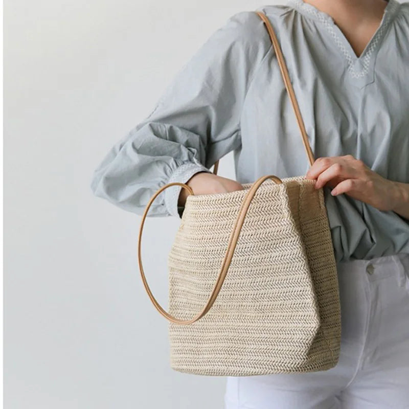 Simple Leisure Sport Bucket Bag Portable Summer Vacation Woven Beach Shoulder Bag Fashion Handbag for Women