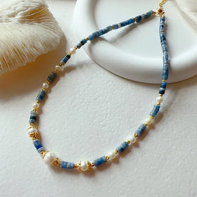 Vintage Style Fashion French Retro Art Sense Women Blue Natural Stone Freshwater Pearl Necklace