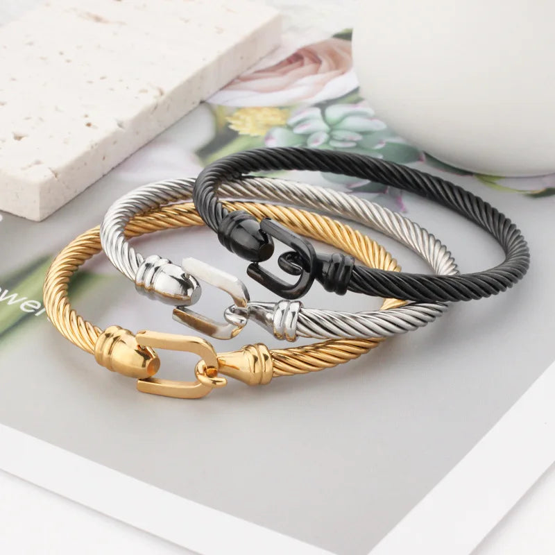 Wholesale Punk New Design Round Adjustable Bangles Silver Black Gold Hollow Horseshoe Stainless Steel Twist Bangles
