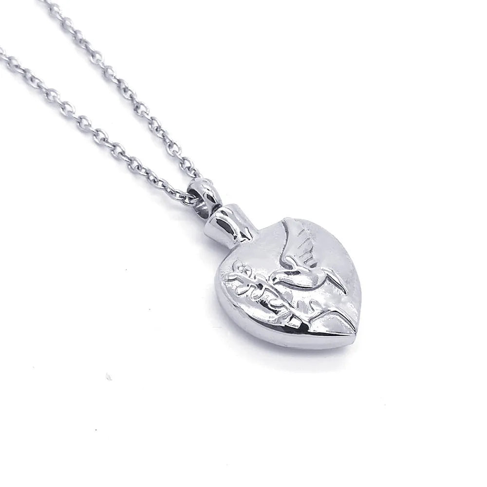 Merryshine Hot Sale Bird Floral Pattern Perfume Bottle Can Open Stainless Steel Bird Heart-Shaped Urn Pendant Necklace