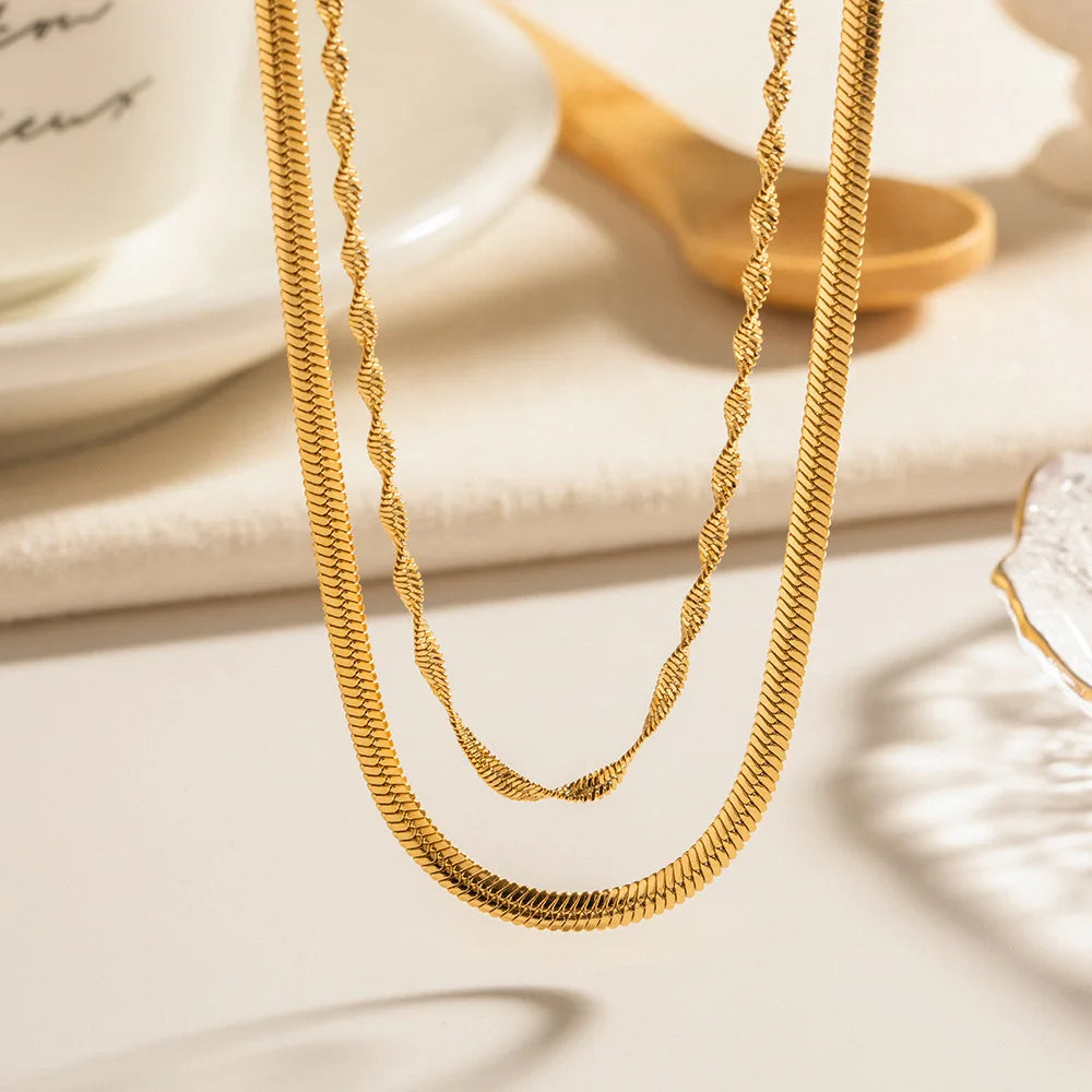Waterproof Water-wave Chain and Herringbone Non Tarnish Stainless Steel Double Layered Chain Necklace